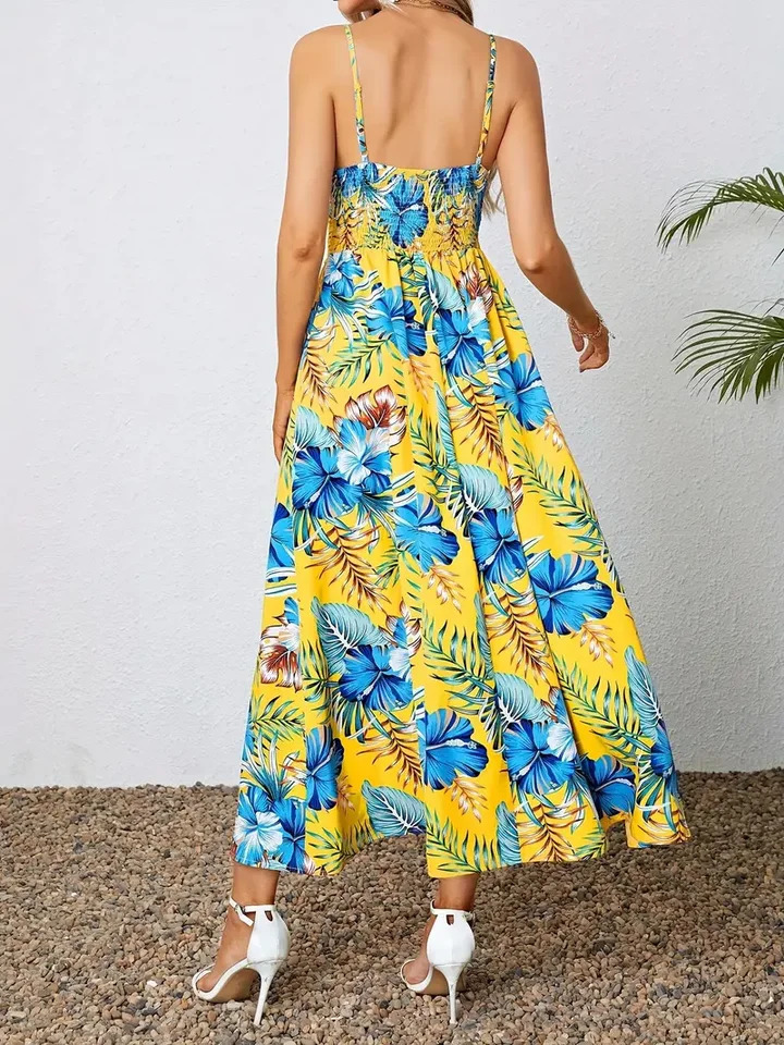 Floral Bohemian Women Dress Summer Vacation Beach Sundress Fashion Korean Female Clothing Slim Elegant Sexy Long Skirt M XL 250313