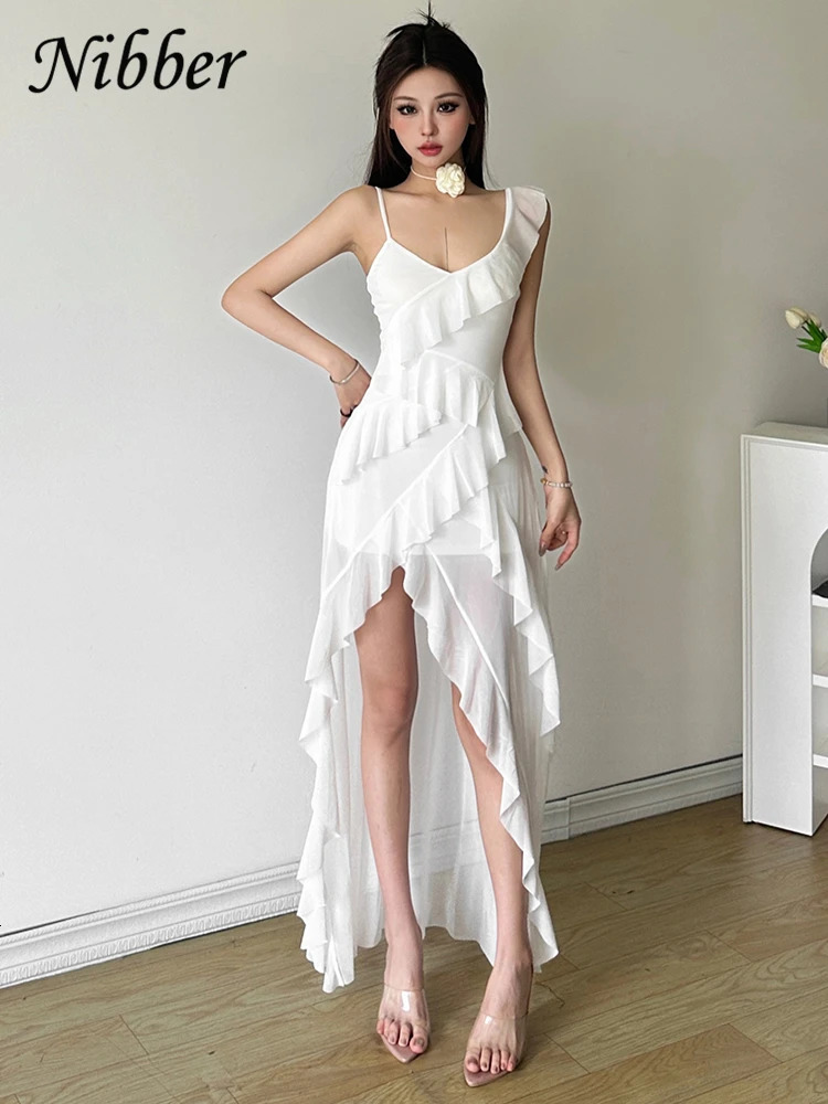 Nibber White Sweet Mature Ruffles Beautiful Summer Street Out Womens Thin Perspective Tassel n Long Strap Dress 250313