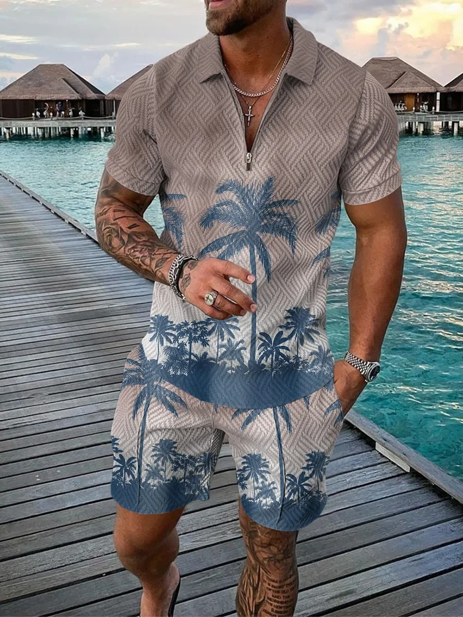 ZipUp Man Hawaii 2pcs sets 3D Coconut tree printing Zipper Polo Shirt Short Sleeve Shorts Casual Fashion 2PCS Summer 250313