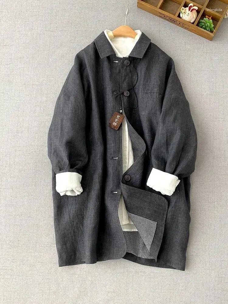 Women's Trench Coats Clothing Washed Linen Long-sleeved Coat Spring Product Medium-length Loose Baba 250208-3