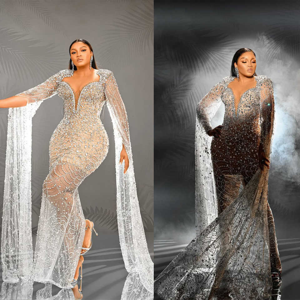 Gorgeous Mermaid Evening Dresses For Women Sheer Neck Long Sleeves Gown Sequins Crystal Sweep Train Party Customized Dress