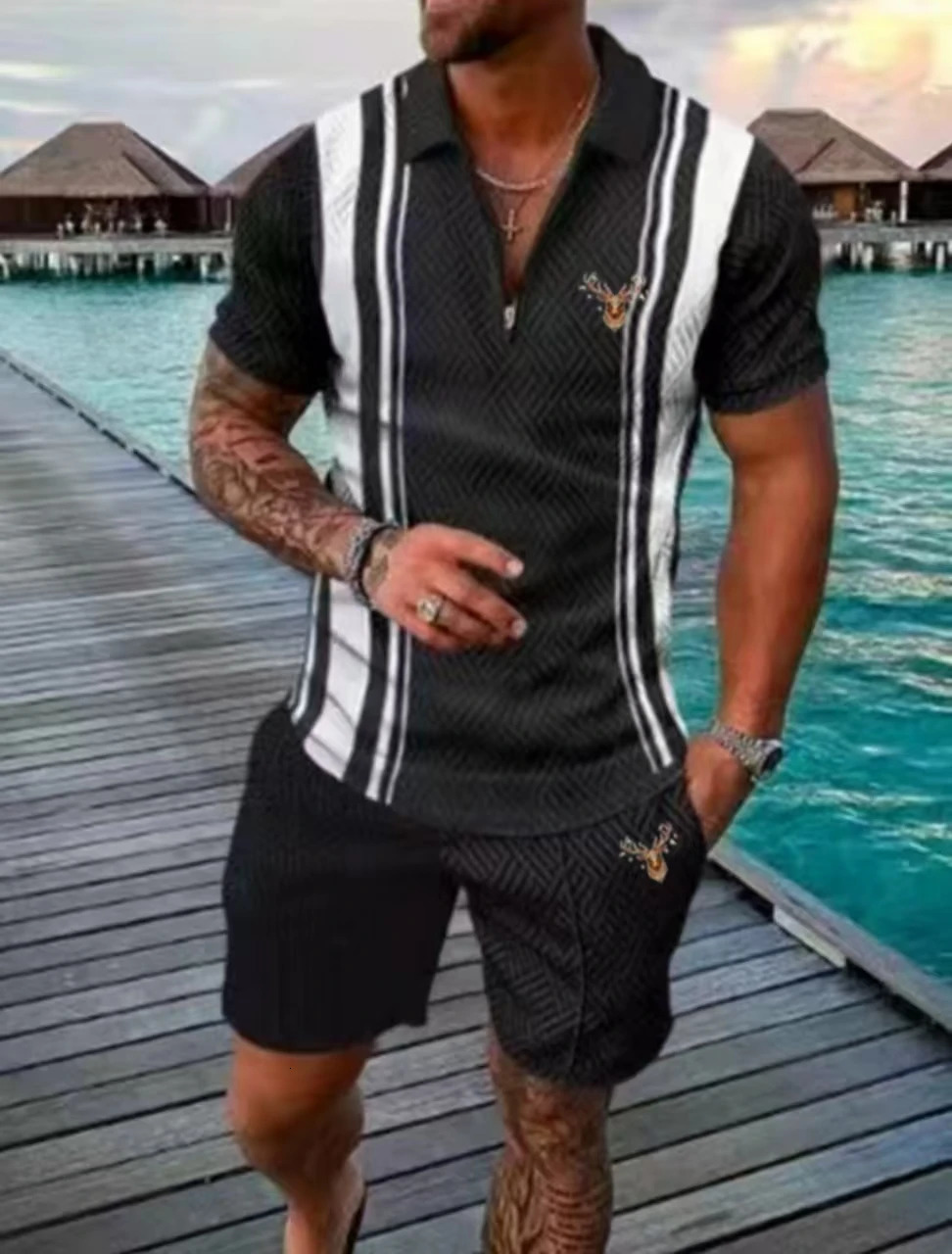 Mens fashion leisure beach short sleeve animal print suit lapel zipper breathable a variety of style 250313