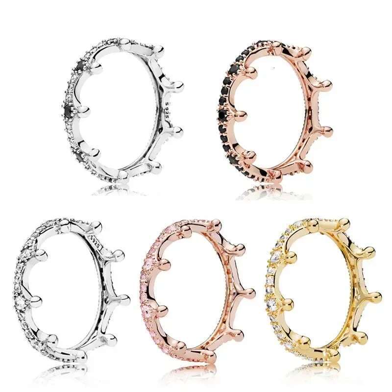 Rose Golden Shine Enchanted Crown Ring With Black Crystal 925 Sterling Silver Ring For Women Birthday Gift DIY Europe Jewelry