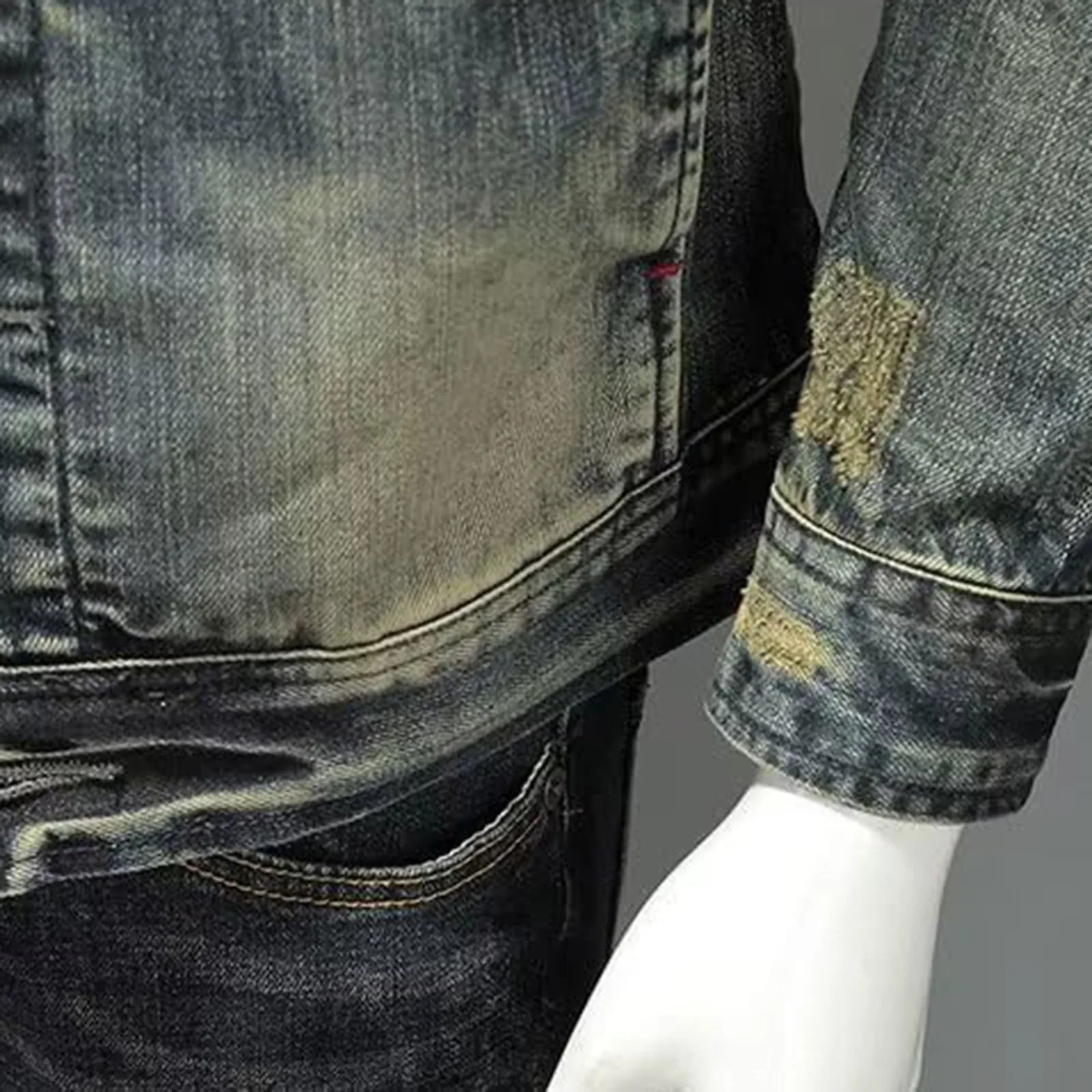Retro denim jacket with zipper standing cotton slim fit winter mens 250313