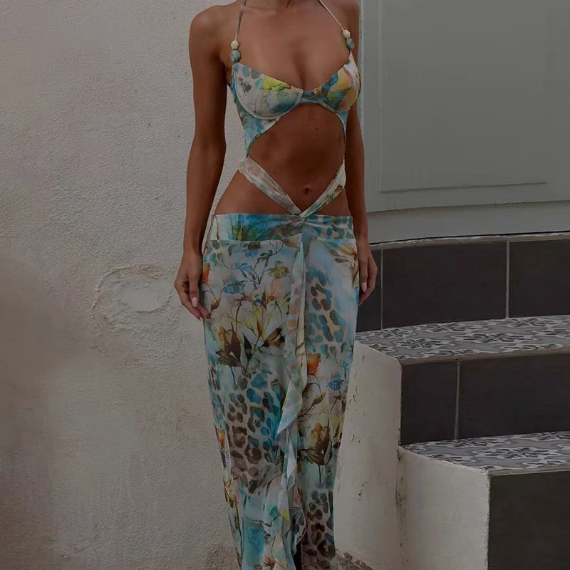 Summer sexy hollow pleated chiffon dress elegant deep Vneck strapless womens fashionable pattern printed ultrathin long skirt 250313