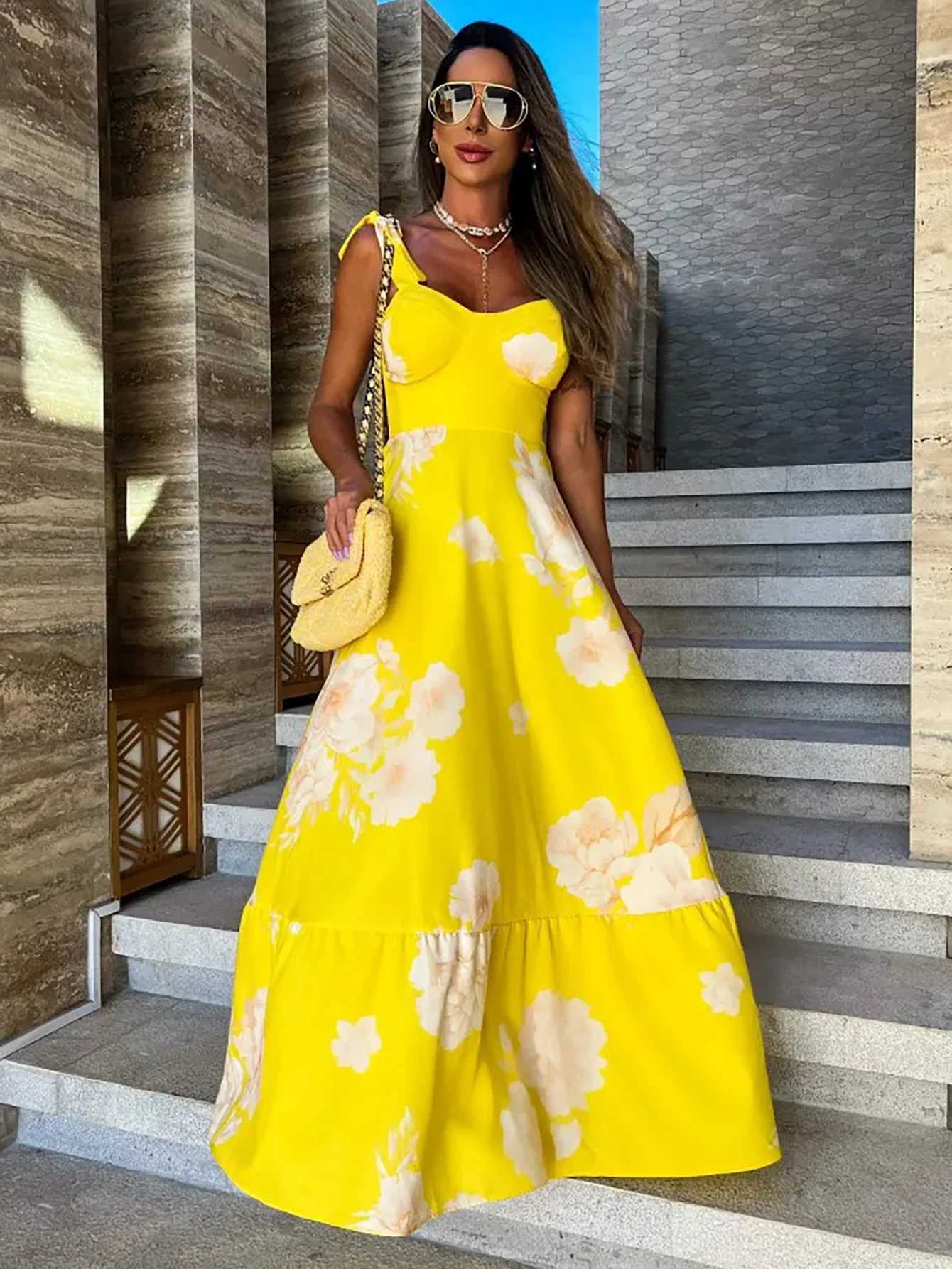 Urban Sexy Dresses 2025 Summer Print Long Dr Women Clothing Lace Up Sling Party Dres Pattern Strappy Ladies Hollow Out V-Neck Beach Vestidos Y2403128H