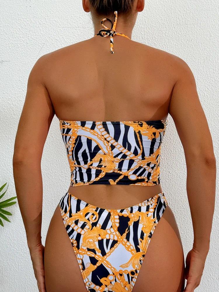 Women's Swimwear Bikini Women Swimsuit 2026 Print Halter Design Lace Up Bikinis Set Sexy Hollow Out Summer Beach Bathing Suit Female