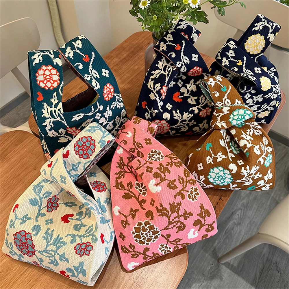 Retro Knitted Bags Large Capacity Floral Women Handbag Fashion Woven Shopper Purse Mini Knot Wrist Bag Reusable Student Tote Bag R250312