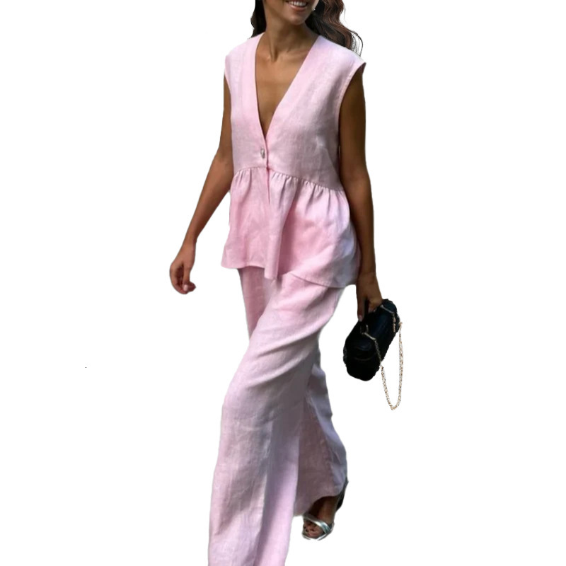 2025 Spring New V-Neck Button Sleeveless Top, Vest Pants, Stylish Commuter Set For Women