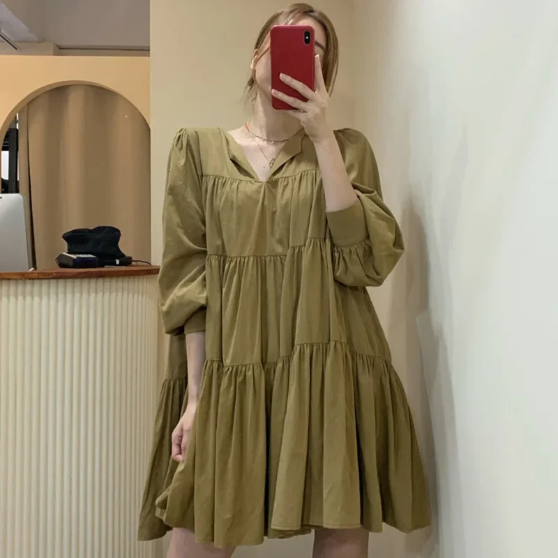 ChicAutumnSimpleSlimmingVNeck Mini Dress LooseFit Petite For Women Korean Style Fashionable And Elegant 250313
