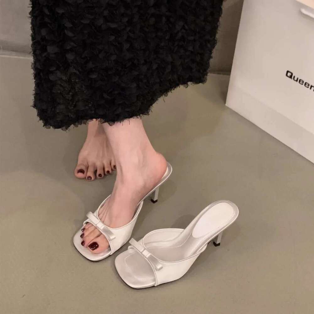 Slippers Summer Fashion Butterfly-knot Satin Women Slipper Slip On Ladies Sandal Thin High Heel Outdoor Dress Slides Shoes