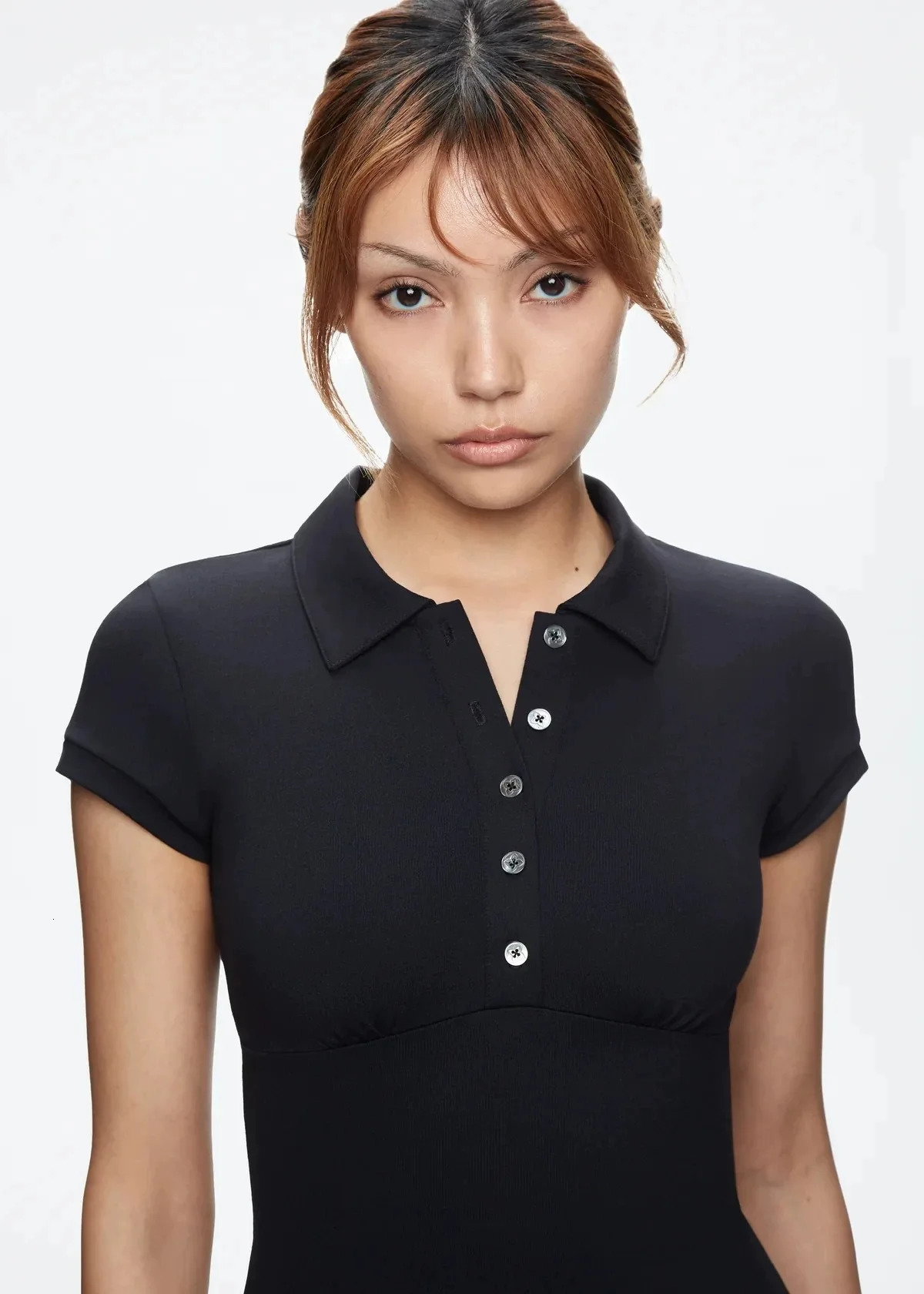 Tank black polo neck T-shirt slim-fit shoulder short sleeve top baby tee custom buttons 250312