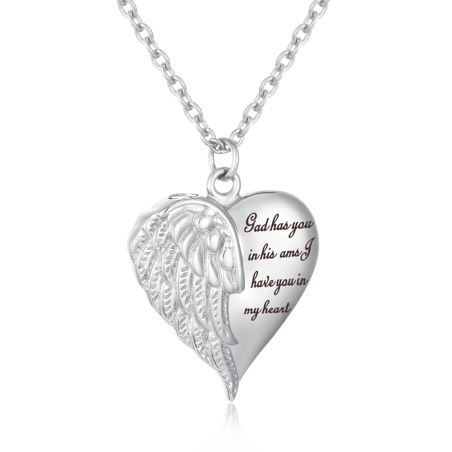 Engraved Angel Wing Heart Pendant Cremation URN Necklace - Memorial Jewelry with Keepsake Box