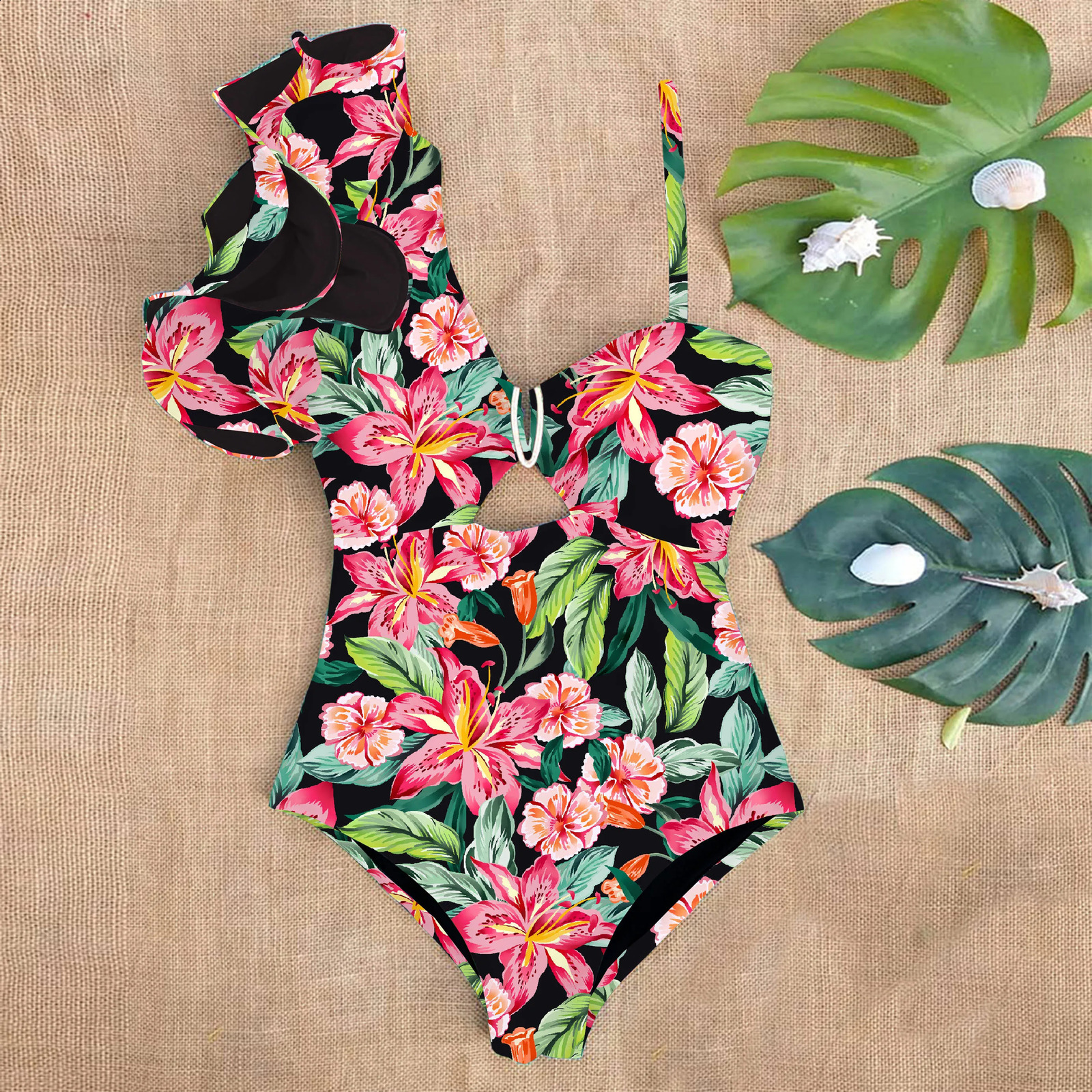 Arrival Ruffle Swimwear Single Shoulder One Piece Swimsuit Women Floral Printed Tropical Summer Beach Bathing Suit 250313