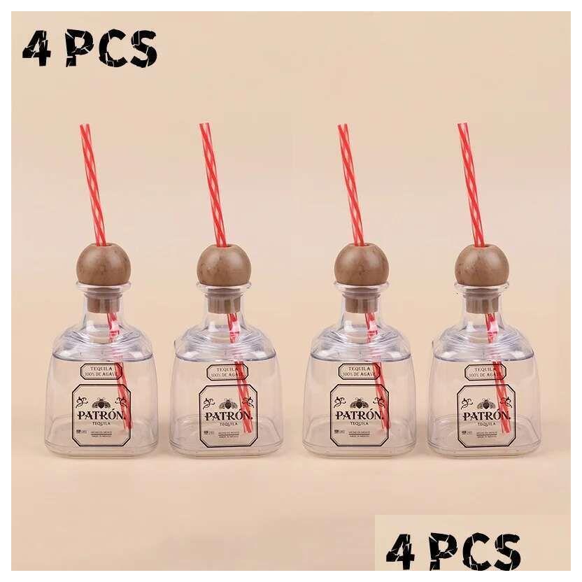 Tumblers 375Ml Acrylic Reusable Cups With Straw Hole Mini Patron Tequila Bottles Empty For Drinking Drop Delivery Home Garden Kitchen, Otvm5