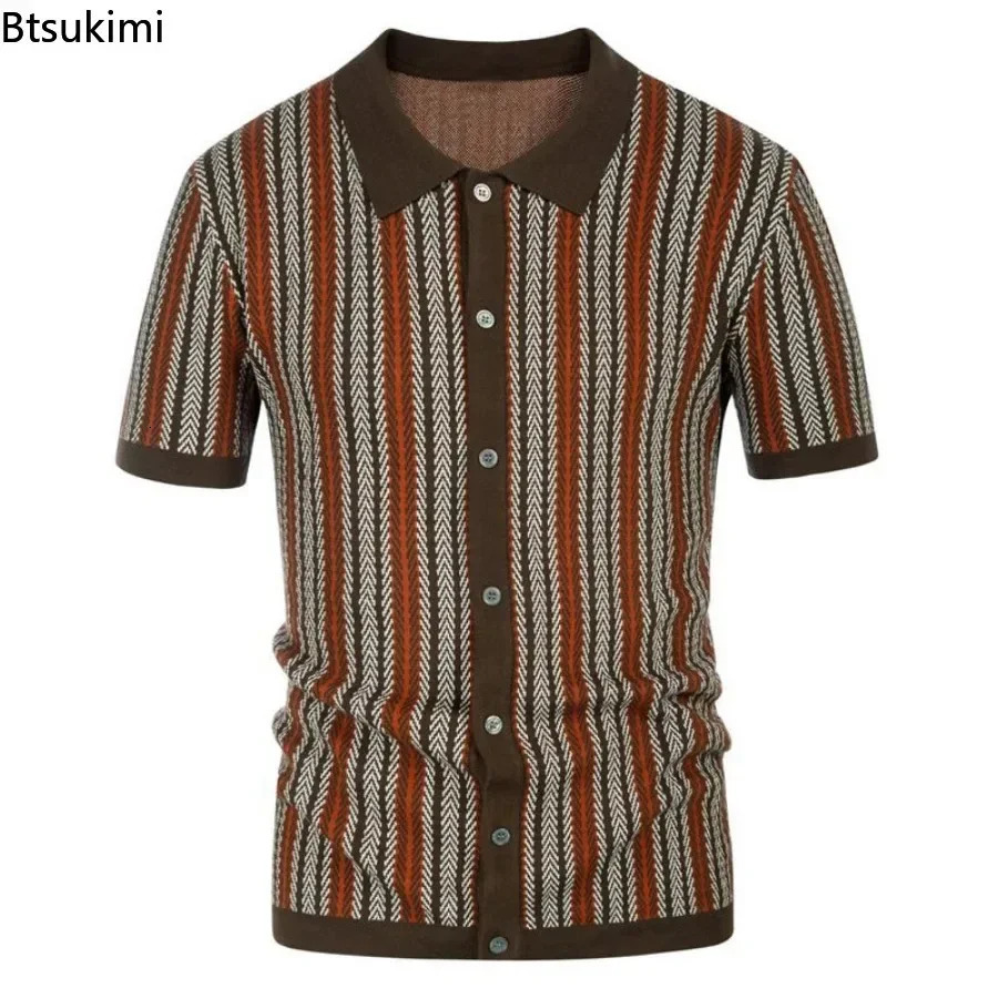 Mens summer casual striped shirt knitted retro British breathable patch work short sleeved jacquard business polo 250313
