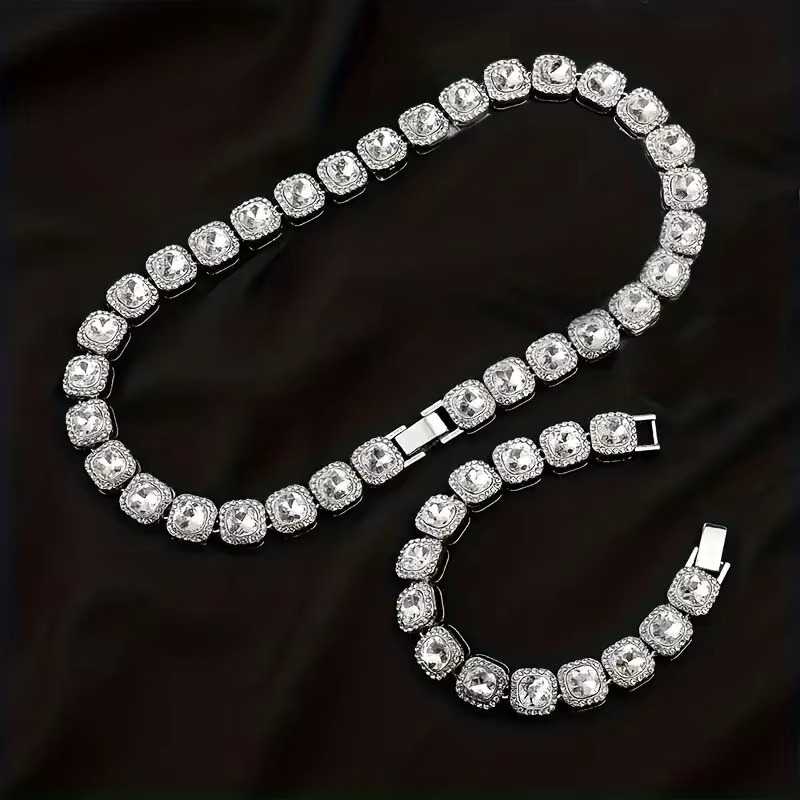 Mens Shiny Square Micro-inlaid Tennis Chain Set Iced Out Hip Hop Jewelry Set Rapper Chain