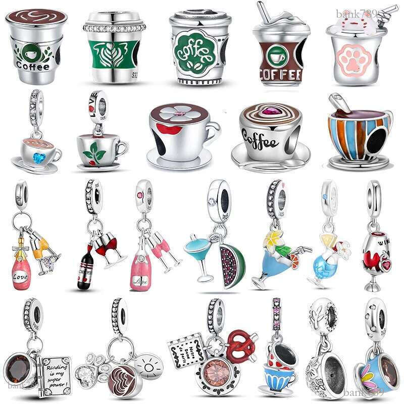 925 Silver Cup Collection Coffee Afternoon Tea Wine Glass Pendant Fit Original Bracelet Charms Bead Necklace DIY Jew