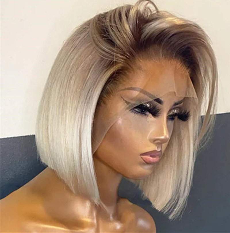 4/613 Ombre Blonde Bob blunt cut colored Lace Front Wig Human Hair Transparent Short Wigs premium Straight Brazilian Hair For Women 8inch 10inch 12inc