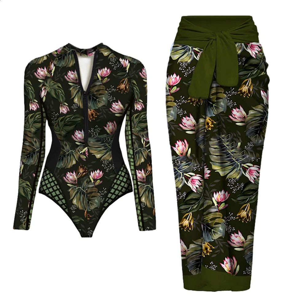 Long Sleeve Vintage Print One Piece Swimwear Zipper Conservatism Women Bathing Suit And Wrap Skirt Surfing Swim 250313