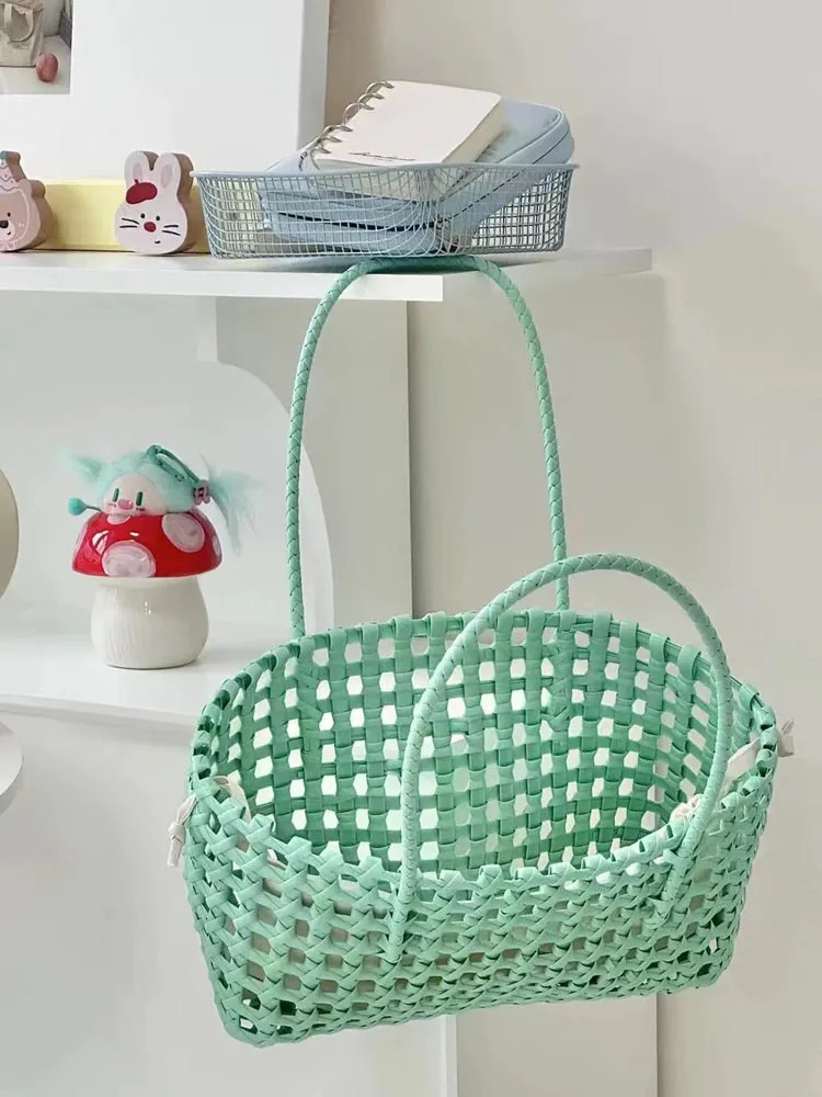 Hylhexyr PVC Handheld Hollow Woven Tote Bag Vegetable Basket Shoulder Bags Beach Vacation Picnic Handbag Summer R250312