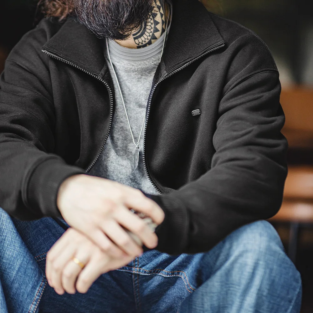 Maden Mens High Neck Warm Jacket Polar Fleece Lining Thickened Coat Casual Sports Style Cardigan Sweater Vintage Tennis 250313