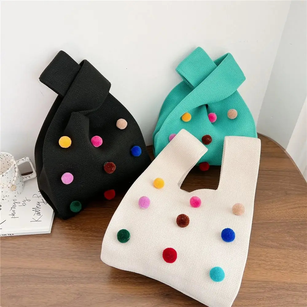Mini Reusable Color Ball Shopping Bags Shoulder Bag Handmade Tote Bag Knit Handbag Knot Wrist Bag R250312