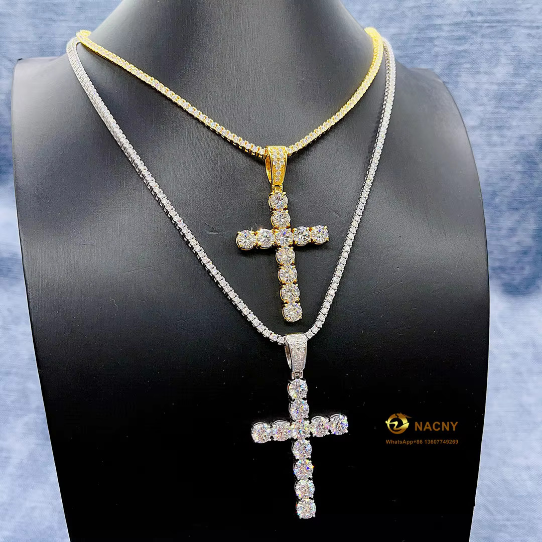 Hip Hop Jewelry 925 Sterling Silver Gold Plated VVS Moissanite Diamond Men Jewelry Pendant Diamond Cross Pendant