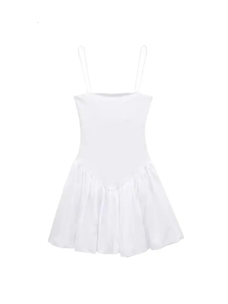 TRZAWomens Patchwork Ribbed Poplin Puff Mini Dress Straight Neck Thin Straps Female Dresses Sexy Fashion 250313