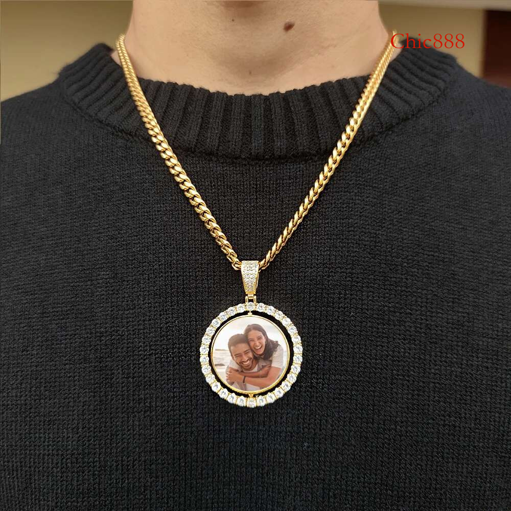 Custom Rotating Double Sides Medallions Necklace Iced out Circle Photo Chain Pendant Couple Valentine's Day gift