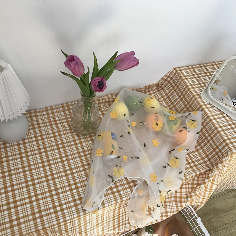 Women Transparent Tote Double Organza Yarn Cloth Bags Embroidery Flowers Handbag High Quality Eco Shopping Bag Purses For Girls R250312