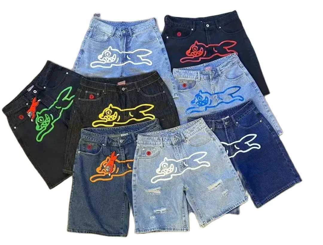 Summer New Fly Dog Hip Hop Graphic Printed Denim Shorts Mens Wide Leg Baggy Jeans Y2k Streetwear Fashion Knee Length Pants ShortsXJ250313