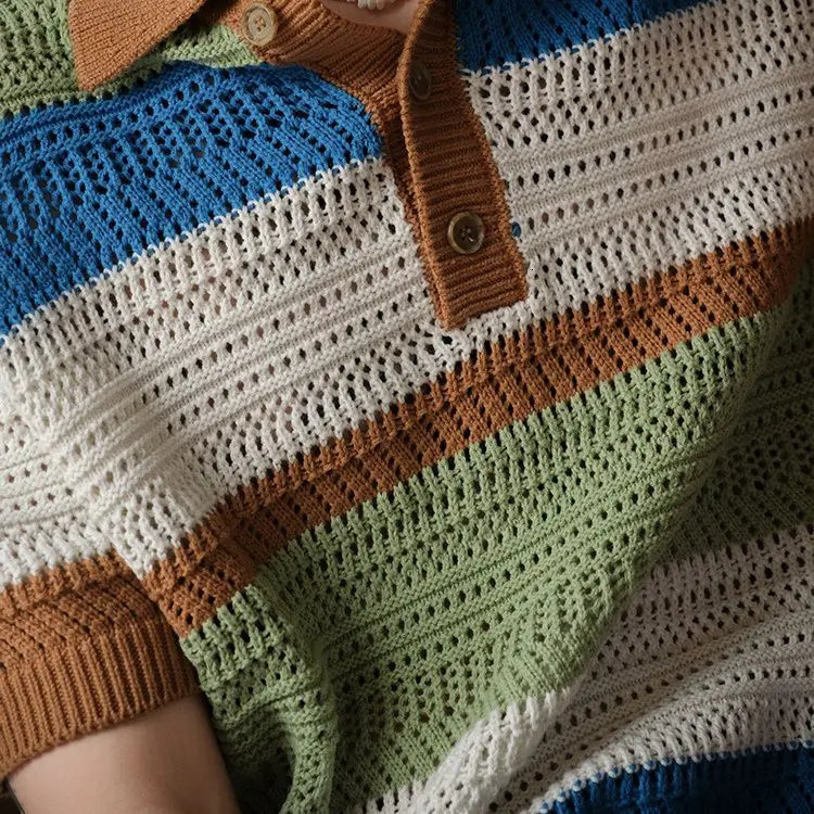 Retro POLO shirt color matching jacquard short sleeved knitted with hollowed out loose Tshirt top for men and women y2k 250313