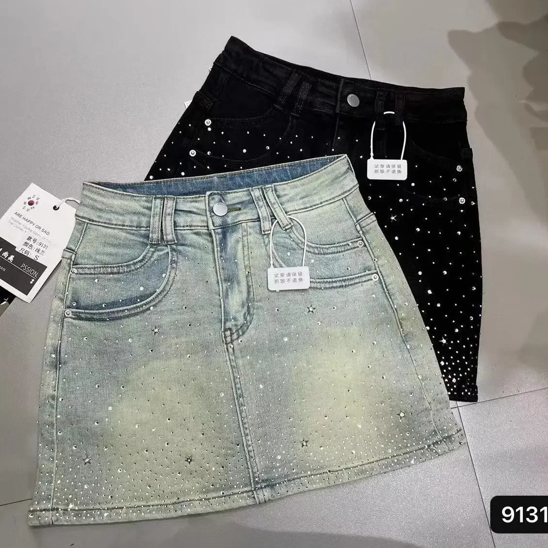 Starry Rhinestone Denim Skirt for Women Summer Retro Slimming a-Line Sheath Denim Skirt 250313