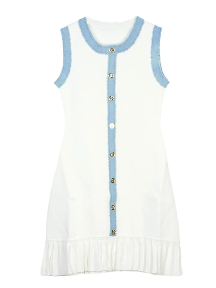 Womens White Knitted Stretch Denim Dress Sleeveless Ruffled Hem Pleated Summer Tight Beach Party Casual Elegant 250313
