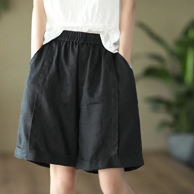 Vintage Cotton and Linen Summer Shorts Lady Patchwork Wide Leg Pants Loose Straight Leg Pants Casual Solid Color All-match Pants 250313
