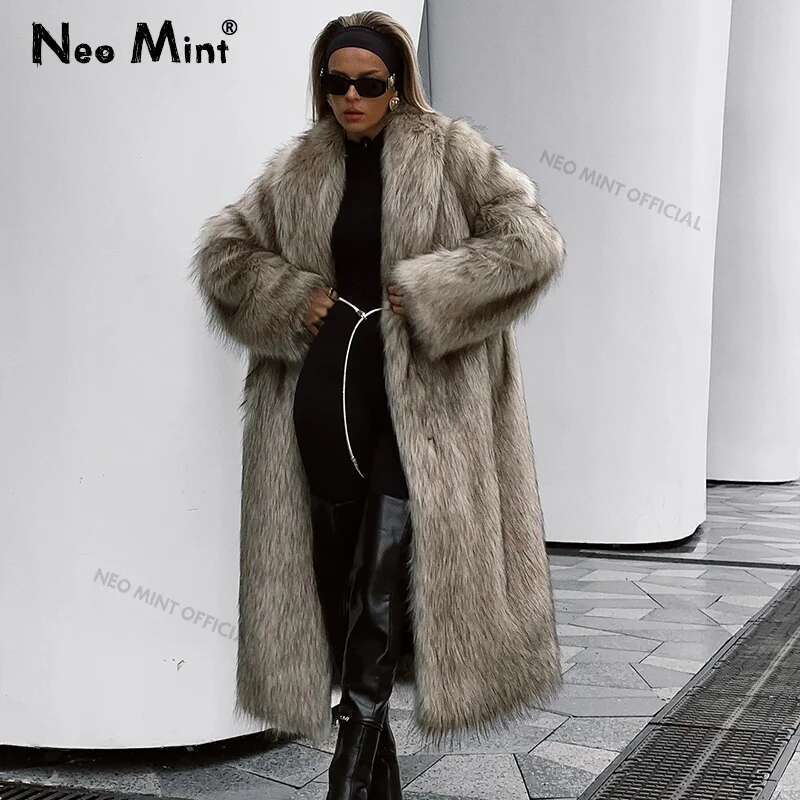 Neo Mint Mob Wife Aesthetic Long Faux Coat Women Winter 2024 Fluffy Gradient Fox Fur Jacket Female Furry Overcoat