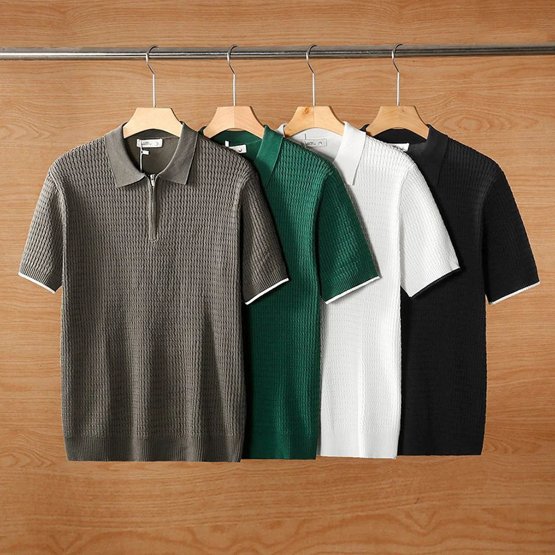Casual solid color knitted mens polo shirt for spring and summer fashion zipper up down lapel top casual breathable 250313