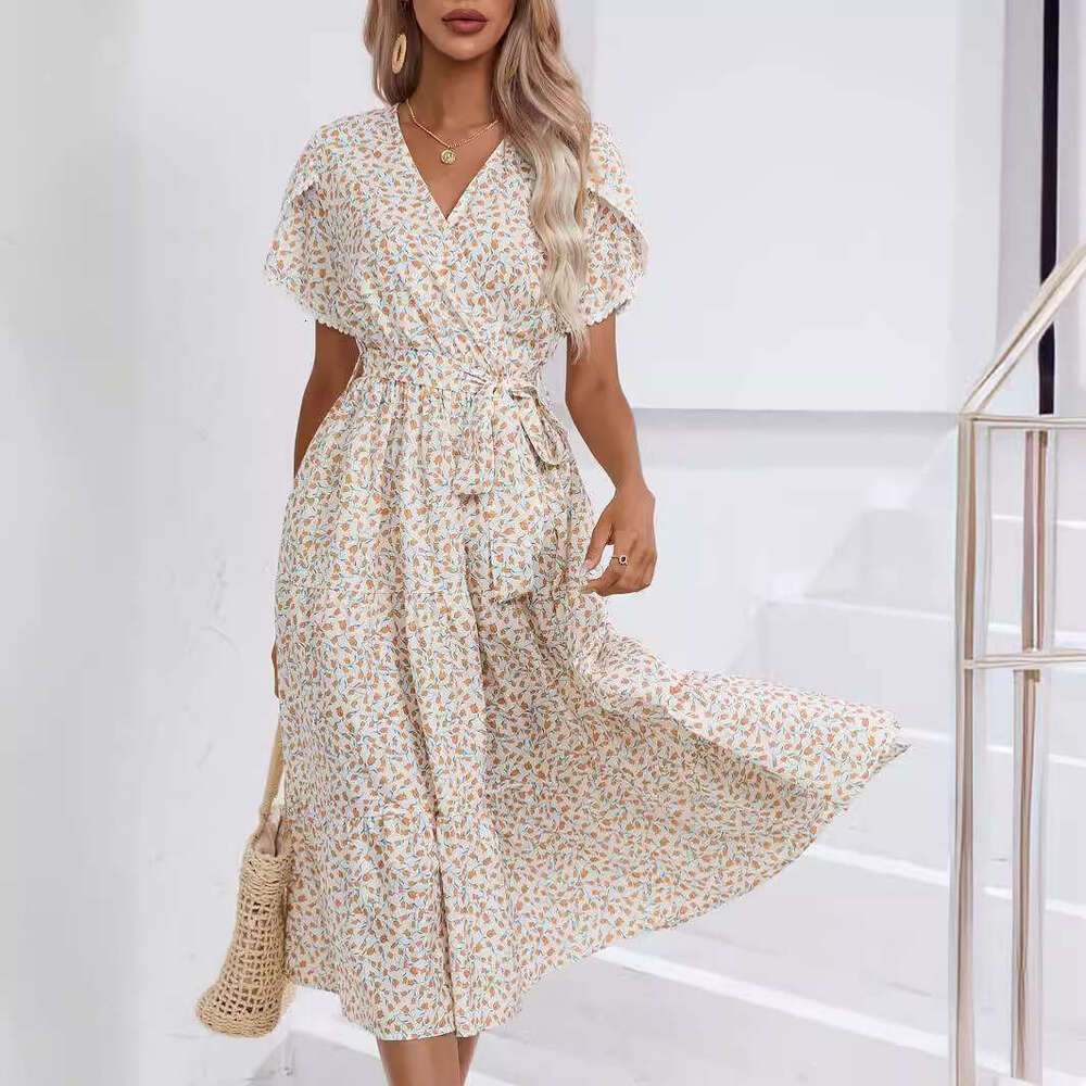 European and American popular dress summer small ral split V-neck women's 2025 new casual versatile fashion clothing