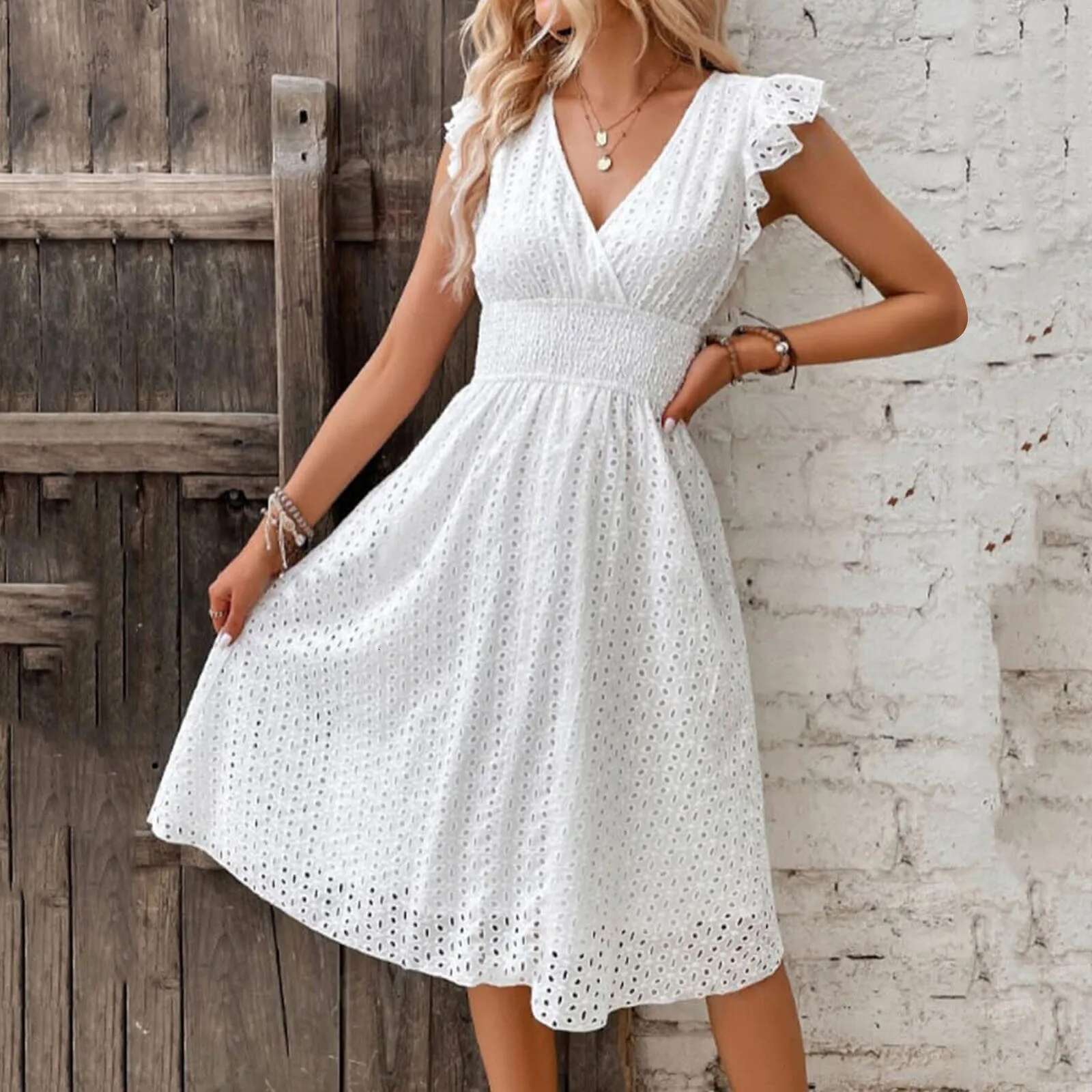 Women White V-Neck Beach Solid Summer A-E Half Sleeve Shirt Dress Casual Loose Pocket Sundress Holiday Baggy Long Robe