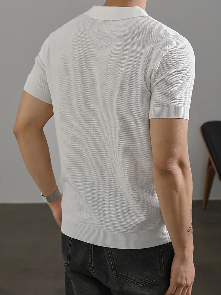 Retro Collar Zipper Knitted Polo Shirt Mens SpringSummer Casual Solid Color Ultra Thin Short Sleeve Street Clothing 250313