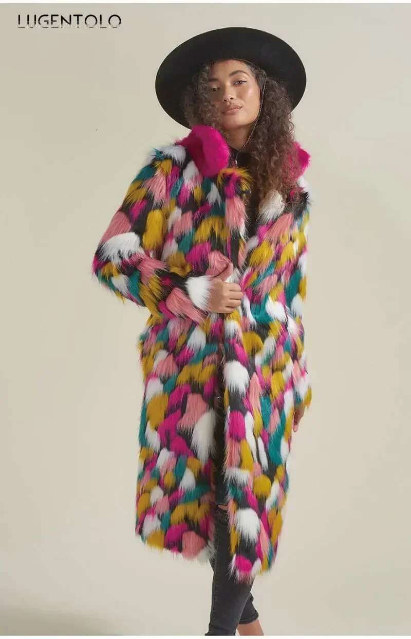 Women Long Coat Rainbow Colorful Fashion Faux Fox Fur Autumn Winter Lady Casual Street Warm Quality 2023 Cloth