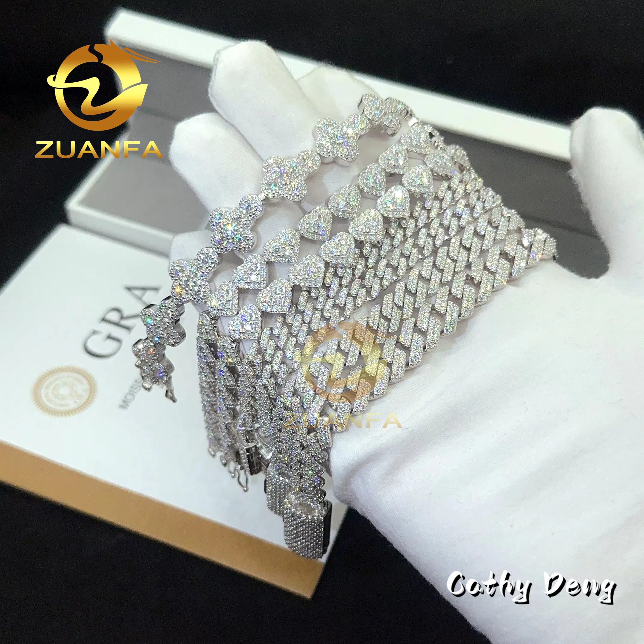 Hot Selling Hip Hop Jewelry 6mm 8mm 10mm Sterling Silver 925 Heart Shape Iced Out Cuban Link Bracelet Moissanite Cuban Bracelet