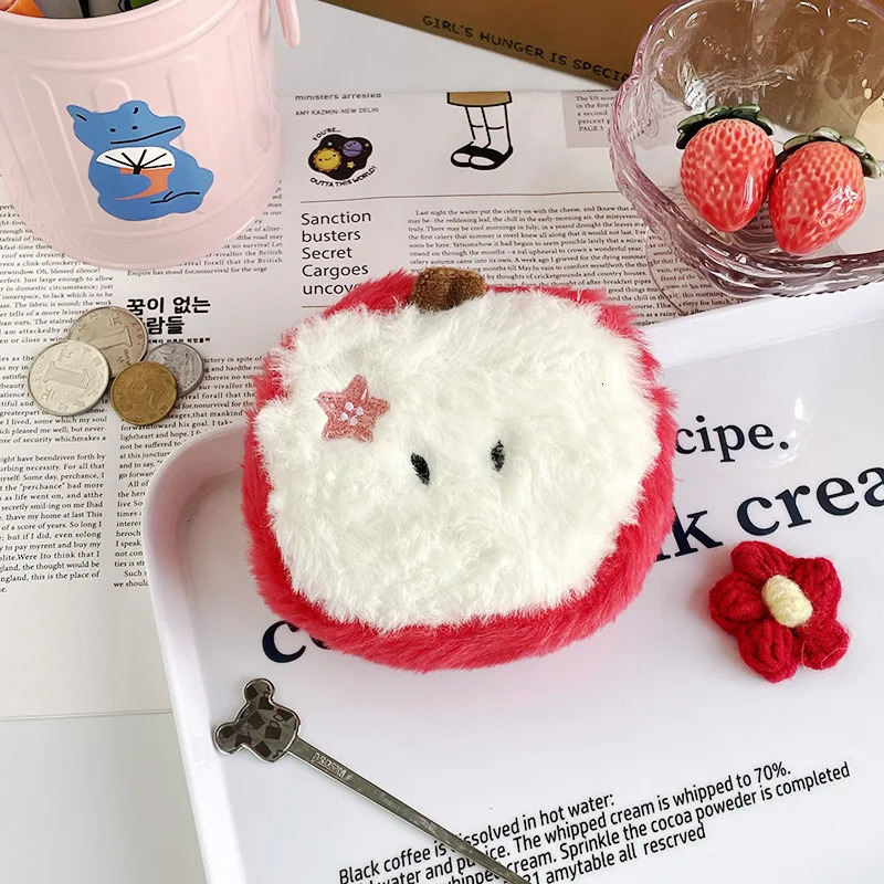 Mini Fruit Apple Cute Plush Coin Wallet Pearl Key Storage Bag Holiday Party Gift