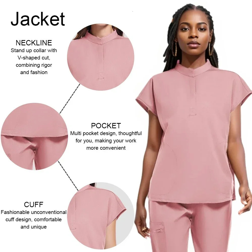 Plus Size Scrubs Set Women Nurse Uniforms Stand Neck V-cut Scrub Top Jogger Pants Vet Doctor Healthcare Workers Workwear 250312