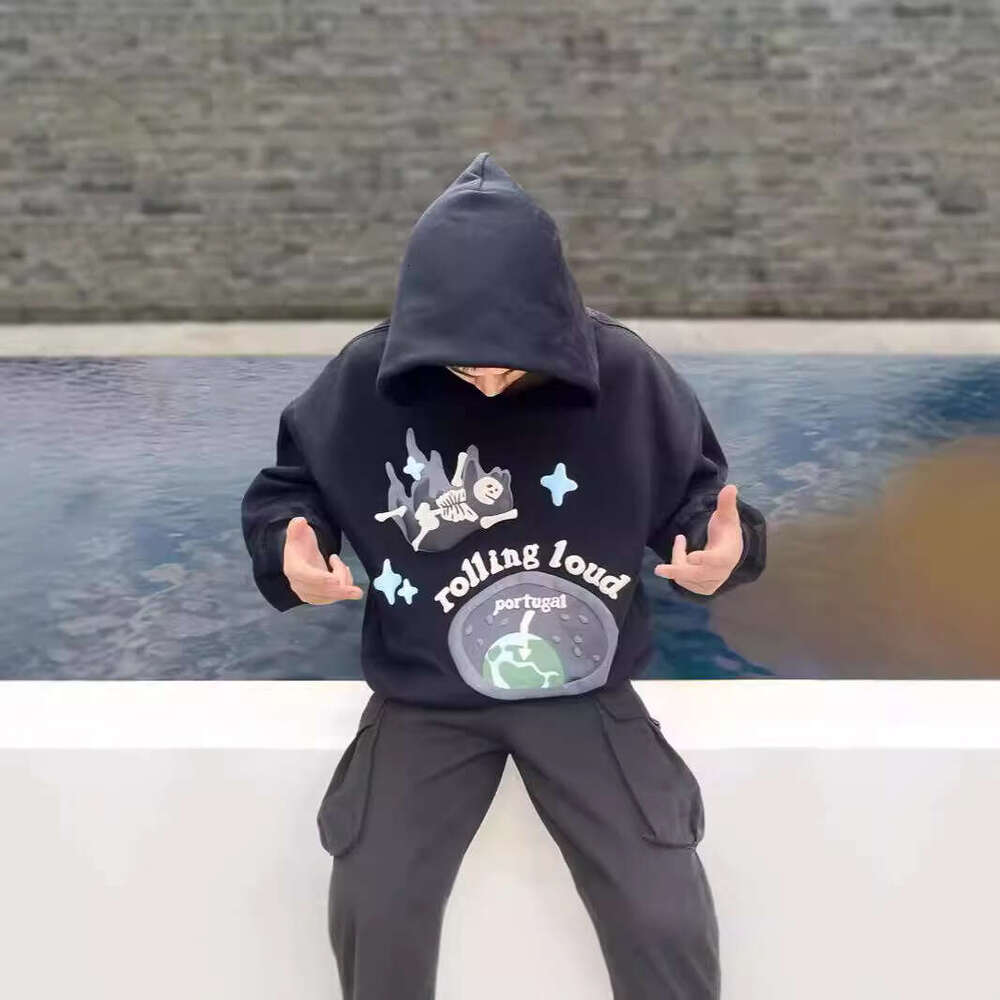 Street Black Hooded Pullover Sweatshirt Men's Cotton Hoodie Roll Cloud Skull foam Print