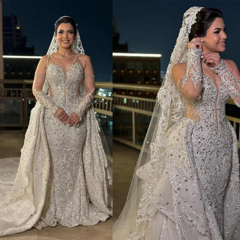 Fashion Mermaid Wedding Dress V Neck Removable Sleeves Bridal Gowns Sequins Crystal Appliques Detachable Train Dresses Custom Made vestidos de novia