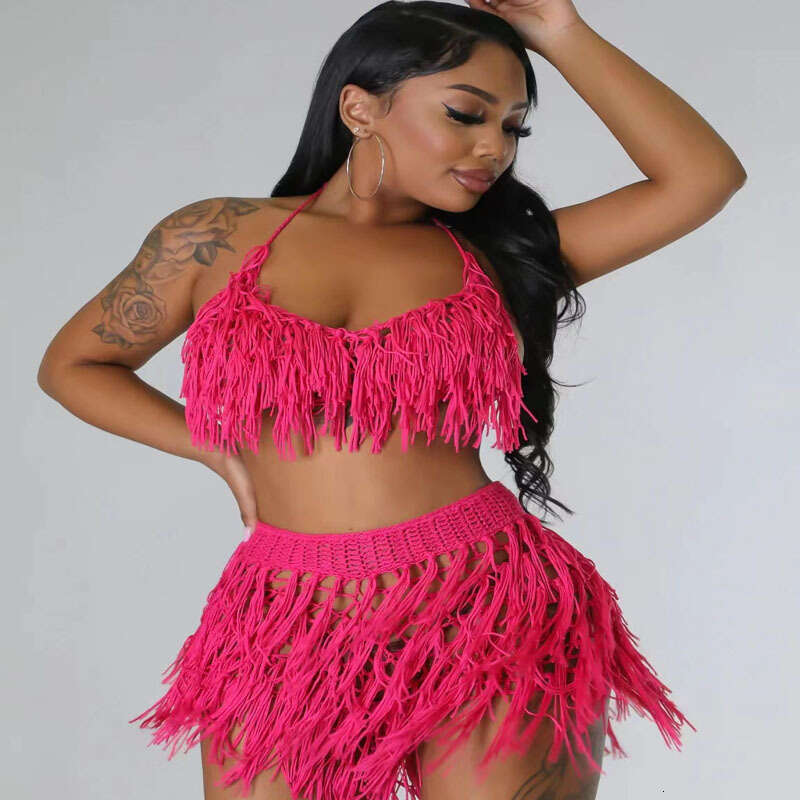 New Urban Sexy Perspective Knitted Hand Hook Tassel Beach Shorts Set For Women