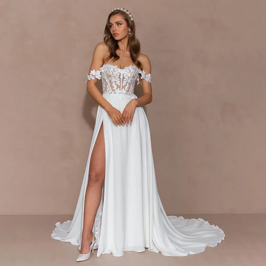 2025 Sexy Beach Boho Wedding Dresses Off Shoulder A-line Lace Illusion Backless High Slit Chiffon Bride Bridal Party Gowns Vestido De Novia