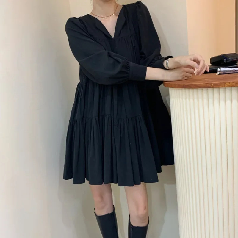ChicAutumnSimpleSlimmingVNeck Mini Dress LooseFit Petite For Women Korean Style Fashionable And Elegant 250313
